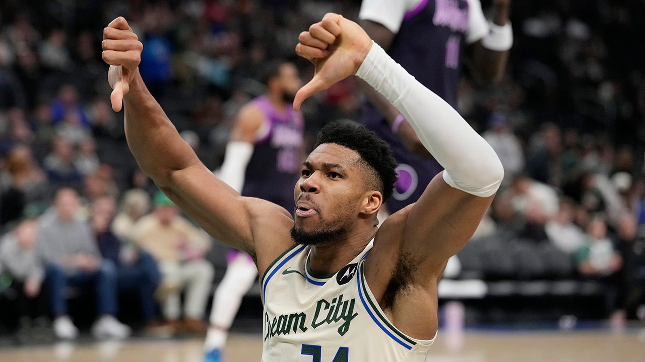 Giannis Antetokounmpo of the Milwaukee Bucks reacts against the Minnesota Timberwolves during the third quarter at Fiserv Forum on Jan. 13, 2026 in Milwaukee, Wisconsin. (Patrick McDermott/Getty Images)