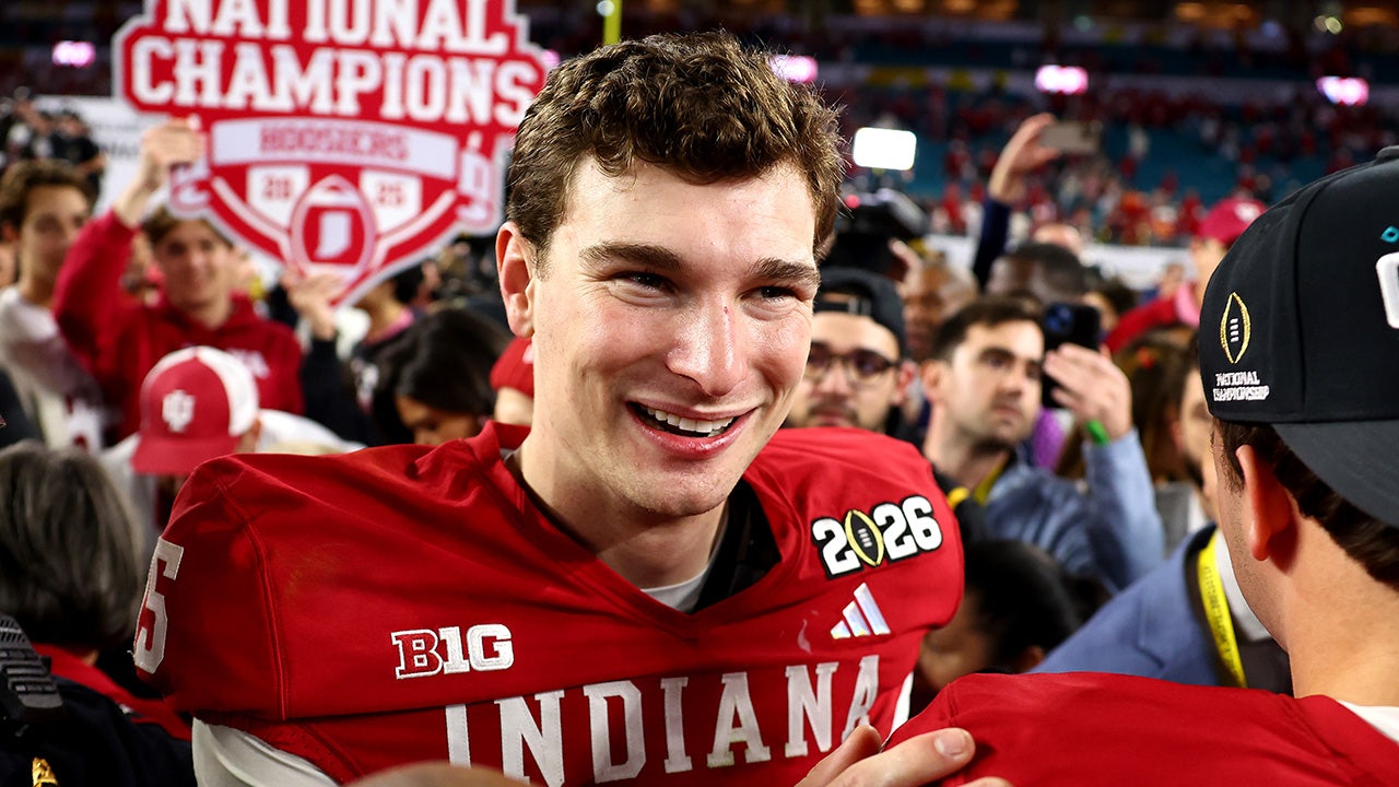 Fernando Mendoza #15 of the Indiana Hoosiers celebrates after defeating the Miami Hurricanes 27-21 in the 2026 College Football Playoff National Championship at Hard Rock Stadium on Jan. 19, 2026 in Miami Gardens, Florida. (Megan Briggs/Getty Images)