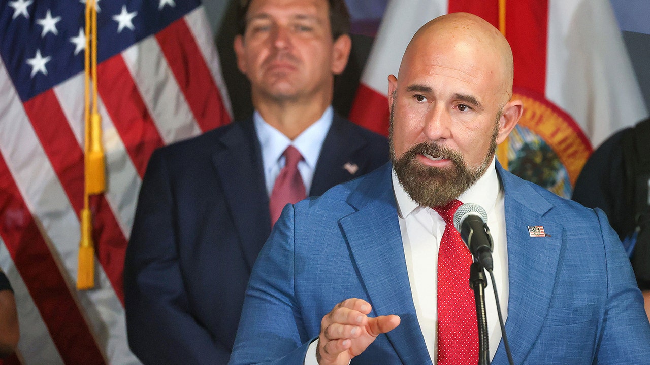Florida Lt. Gov. Jay Collins delivers remarks touting the state's efforts in combating fentanyl and other illegal drugs as Gov. Ron DeSantis listens during a news conference at the FDLE Orlando Regional Operations Center, Tuesday, Sept. 2, 2025, in Orlando, Florida (Joe Burbank/Orlando Sentinel/Tribune News Service via Getty Images)