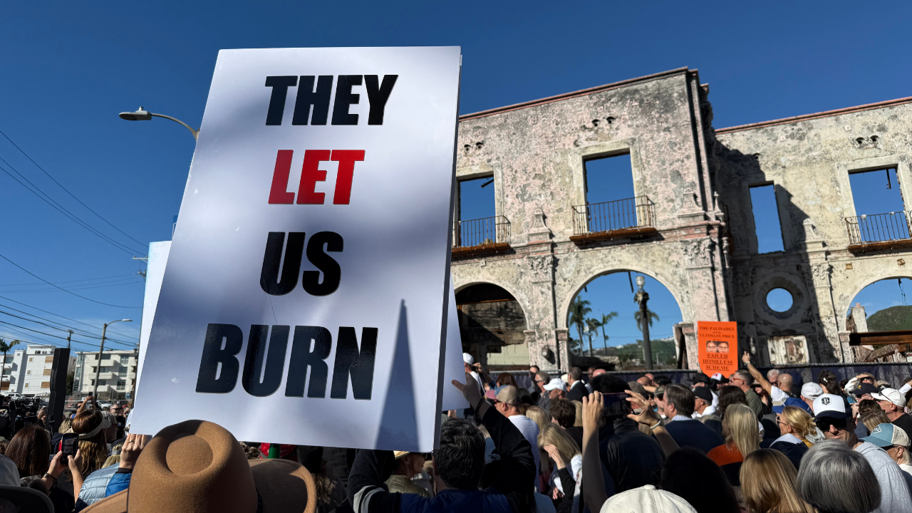 ‘They let us burn’: Palisades Fire victims protest leadership one year after catastrophic wildfires