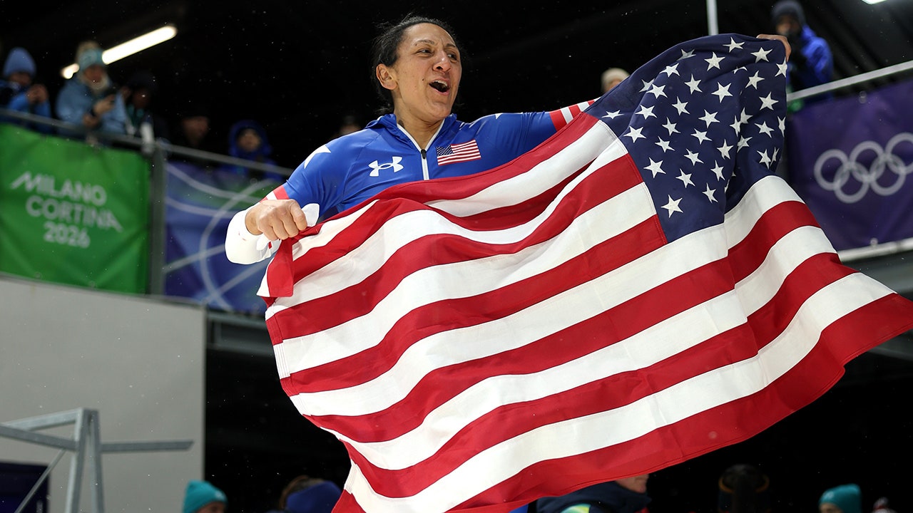 Gold medalist Elana Meyers Taylor of Team United States celebrates after winning the Women's Monobob Bobsleigh Heat 4 on day ten of the Milan Cortina 2026 Winter Olympic Games at Cortina Sliding Centre on Feb. 16, 2026, in Cortina d'Ampezzo, Italy. (Julian Finney/Getty Images)