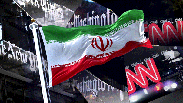 Iranian flag waving over logos of the New York Times Washington Post and CNN