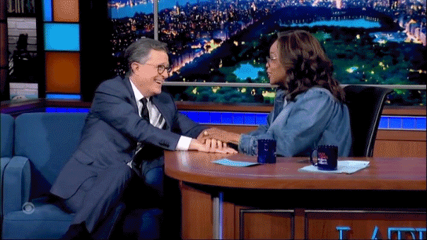 Oprah and Stephen Colbert swap seats in emotional moment as 'Late Show' cancellation looms large