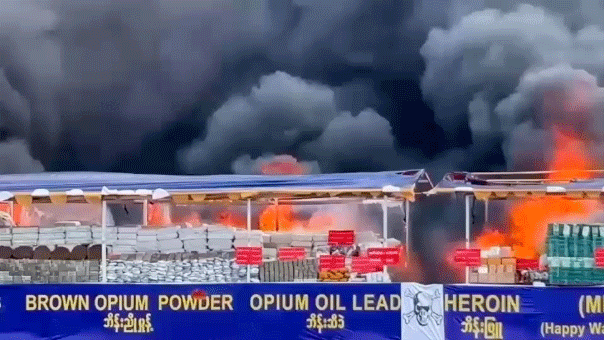 $600 million worth of heroin, meth and other seized drugs set on fire in Burma