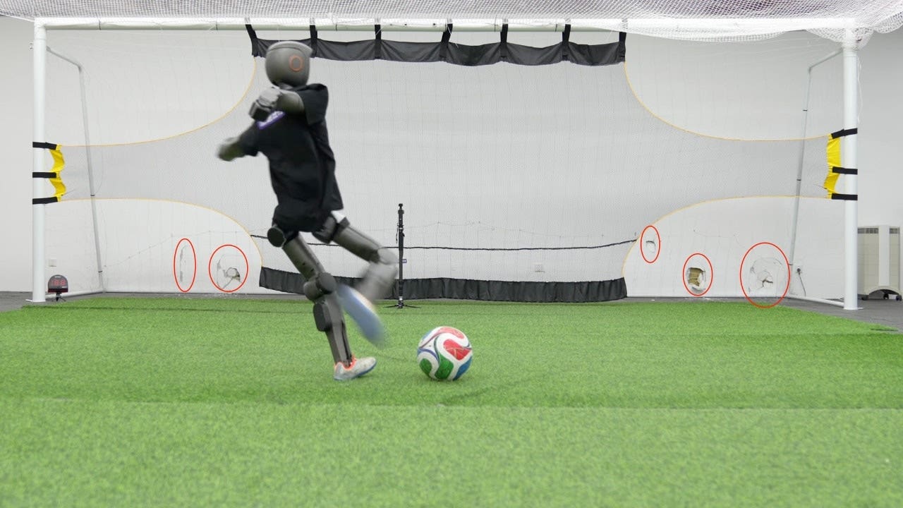 Robot soccer player dents wall with terrifying kicks