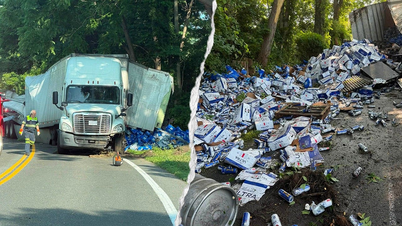 罐裝 Bud Light 和 Michelob Ultra 灑在索爾茲伯里的 44 號公路上。康乃狄克州