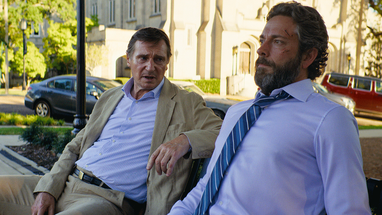 Liam Neeson and Zachary Levi in "The Fix"