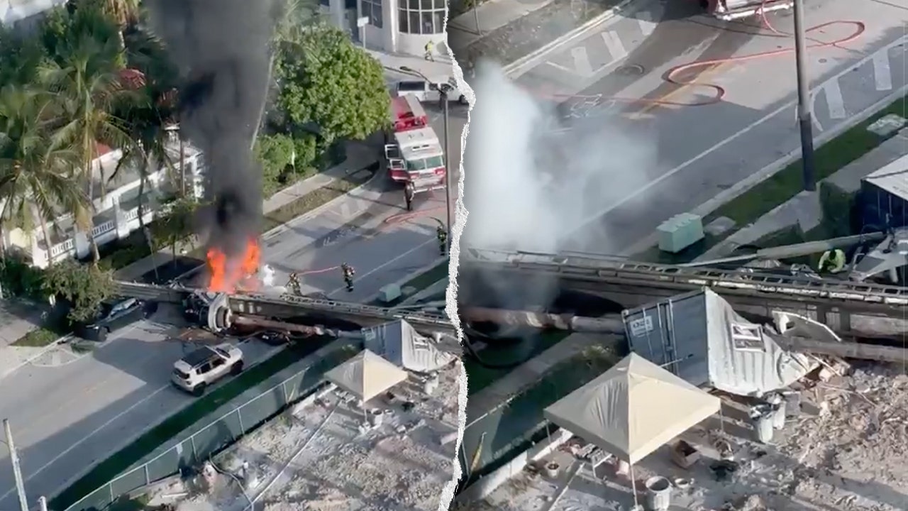 Construction rig collapses on 3 cars in Miami, traps workers as fire erupts Construction rig collapses on 3 cars in Miami, traps workers as fire erupts