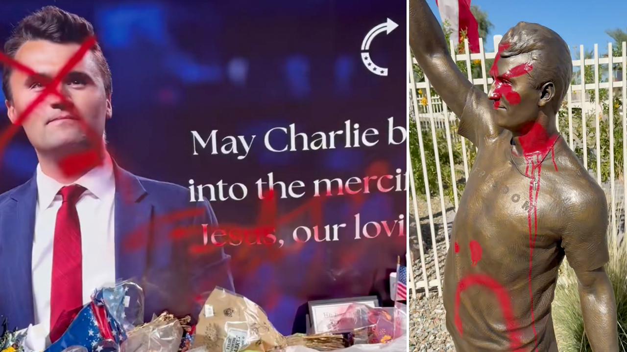 Charlie Kirk statue defaced with red paint, Jesus crossed out days after 1-year mark of assassination
