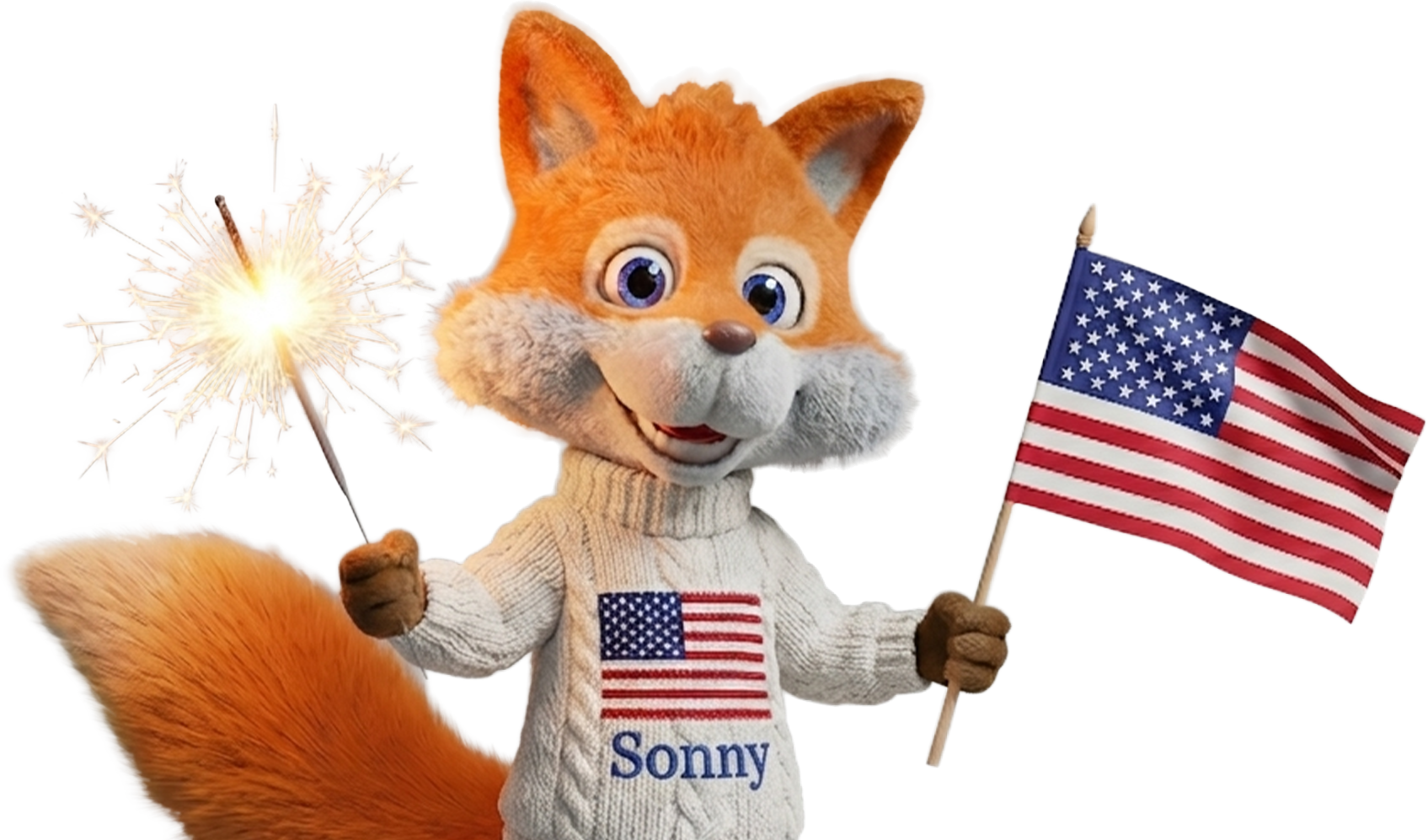 Sonny the Fox holding a sparkler and American flag